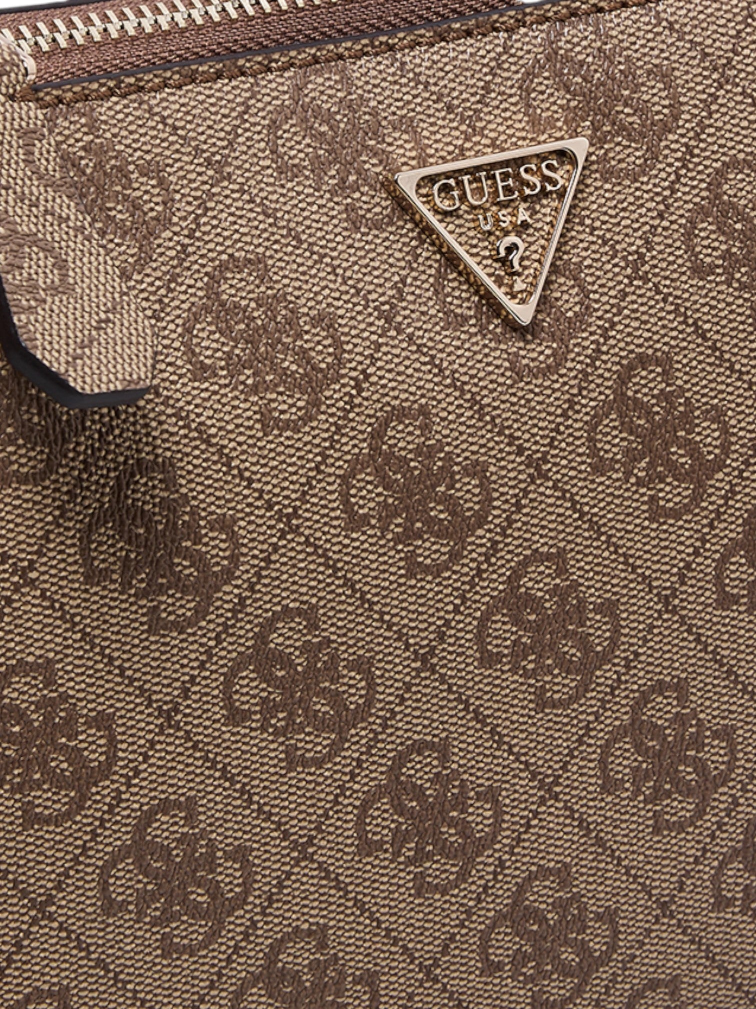 Close-up of a brown fabric with a pattern and Guess logo. Guess, Monza Outlet, Monza Fashion, Shein Outlet