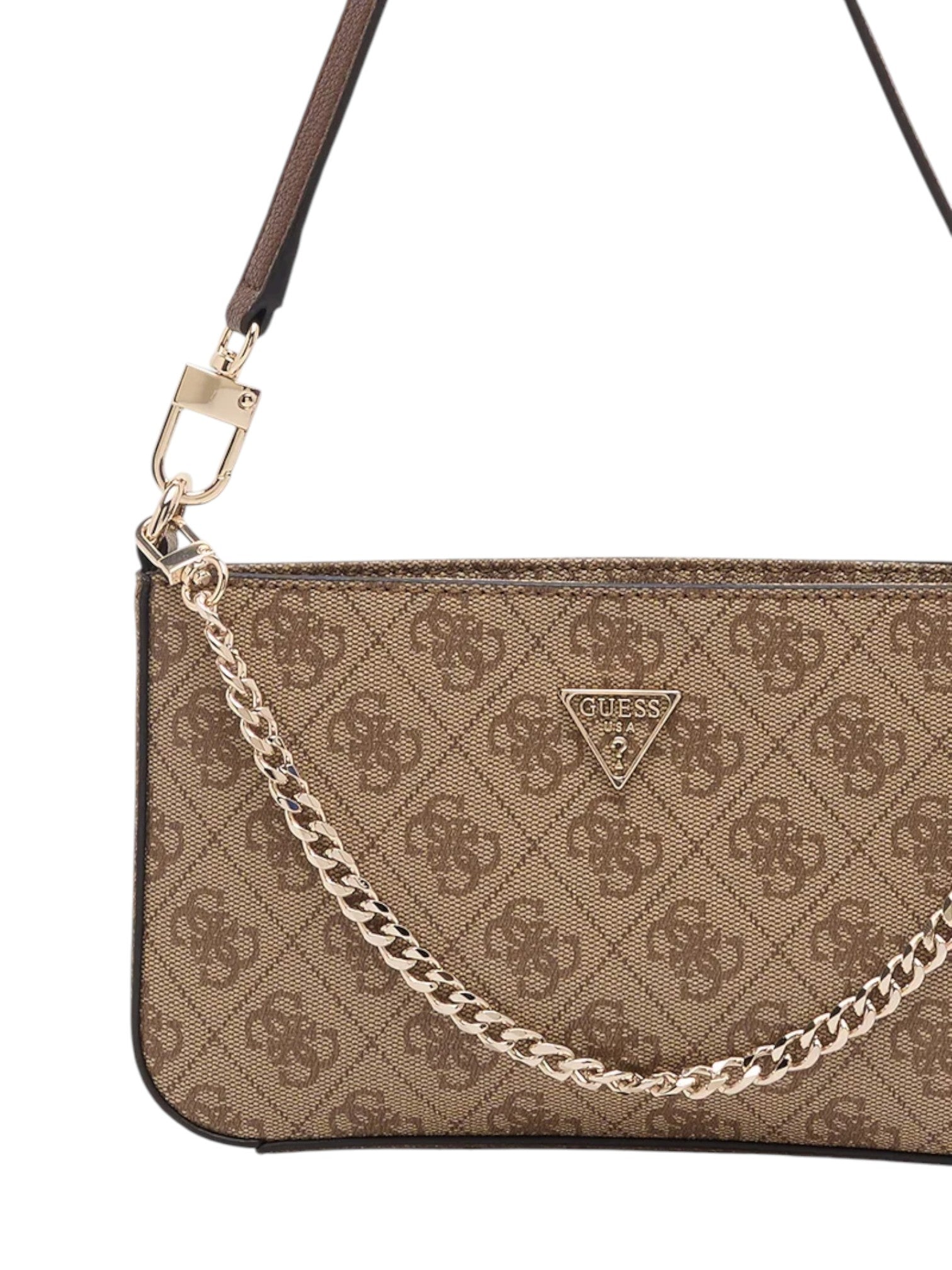 Brown handbag with gold chain strap and visible brand logo on a white background. Guess, Monza Outlet, Monza Fashion, Shein Outlet