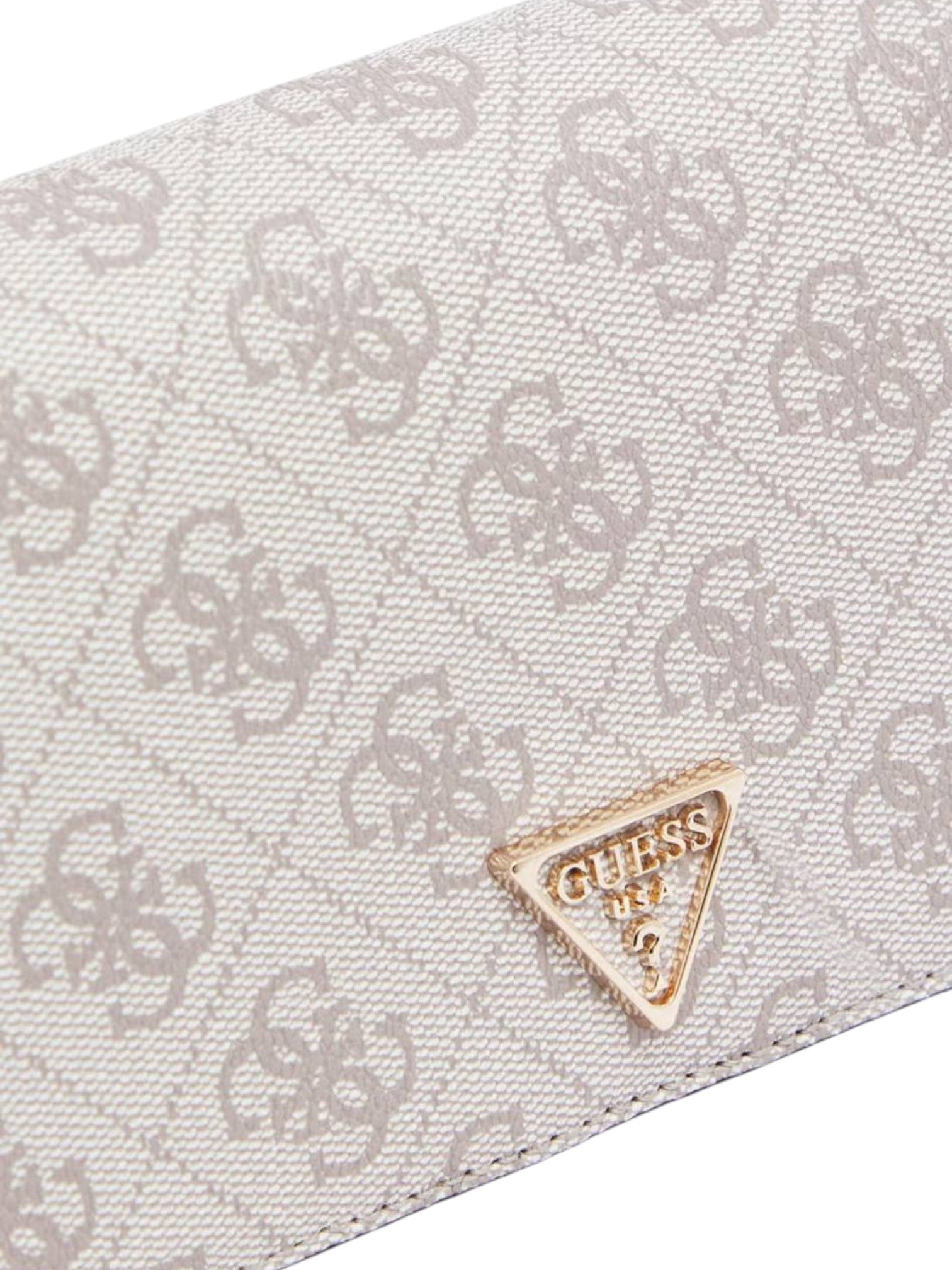 Close-up of a light gray fabric with a pattern and Guess logo on a white background. Guess, Monza Outlet, Monza Fashion, Shein Outlet