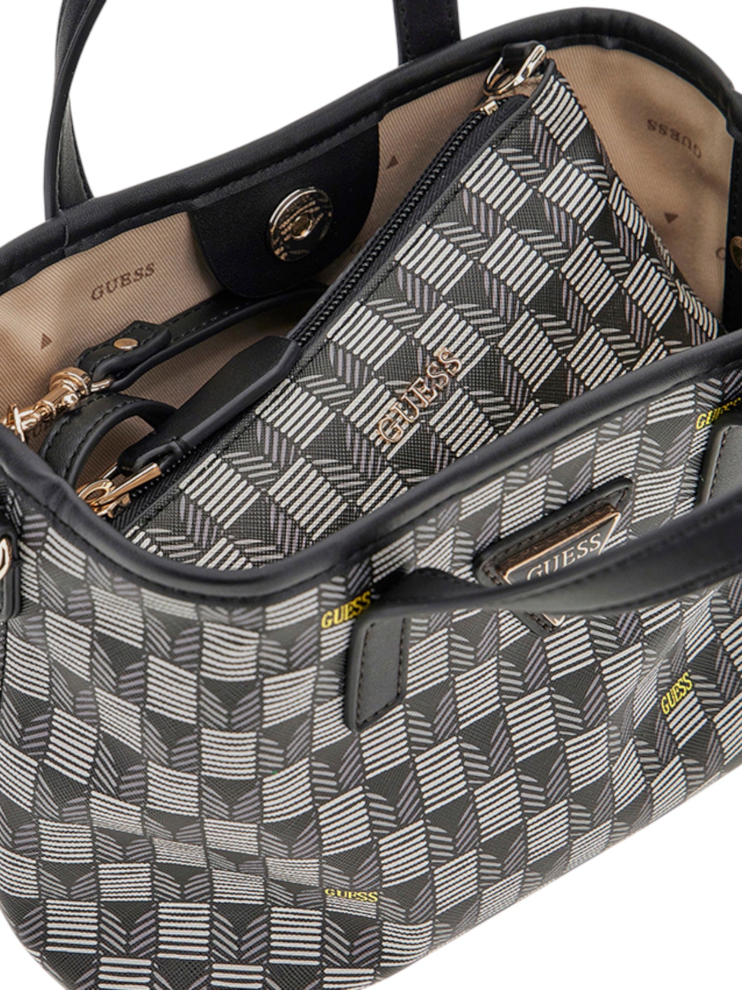 Patterned handbag with visible brand logo on a white background. Guess, Monza Outlet, Monza Fashion, Shein Outlet