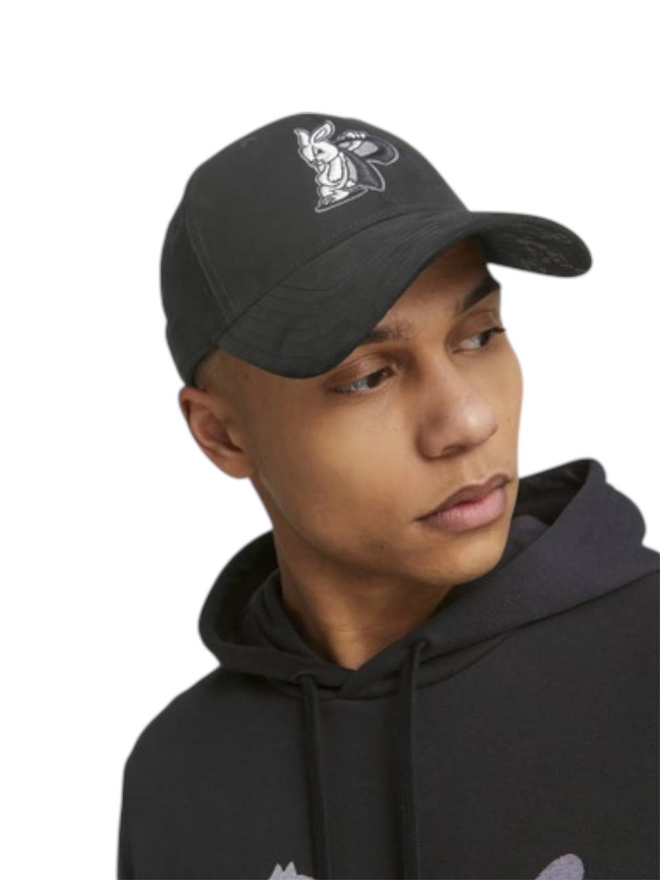 Person wearing a black cap with a logo and a matching hoodie on a white background monza outlet, Shein outlet, monza fashion