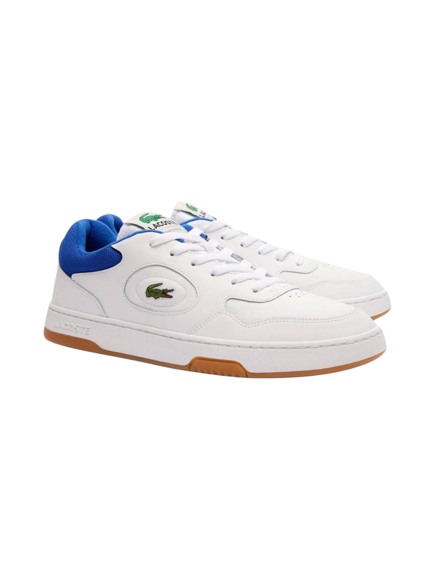 White sneakers with blue accents on a white background. Lacoste, Monza Outlet, Monza Fashion, Shein Outlet