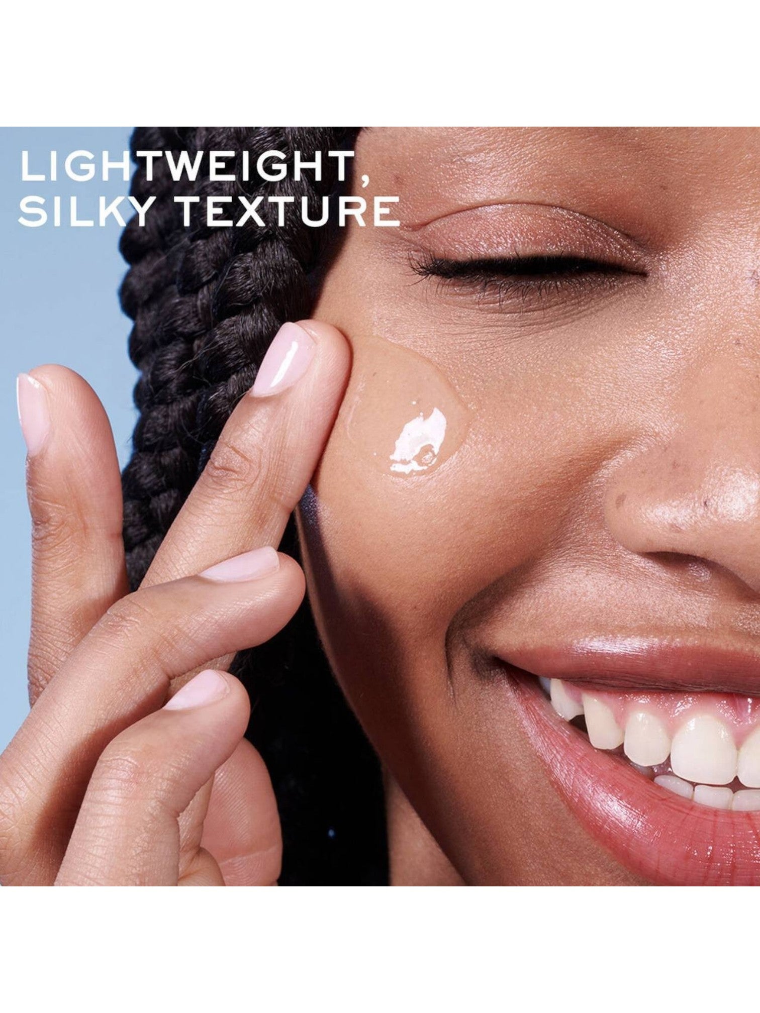 Woman applying a product to her face with text 'Lightweight, Silky Texture' on a blue background. Lancome, Monza Outlet, Monza Fashion, Shein Outlet
