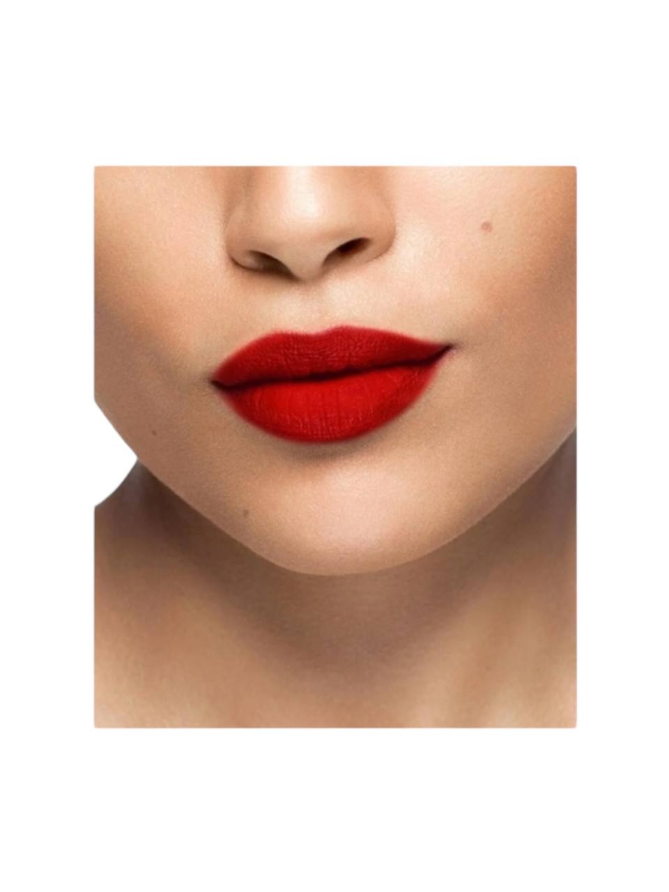 Close-up of a person wearing bright red lipstick on a white background