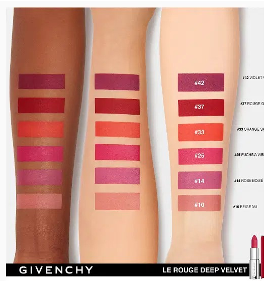 Givenchy Le Rouge Deep Velvet lipstick swatches on three different skin tones with color codes. Monza Outlet