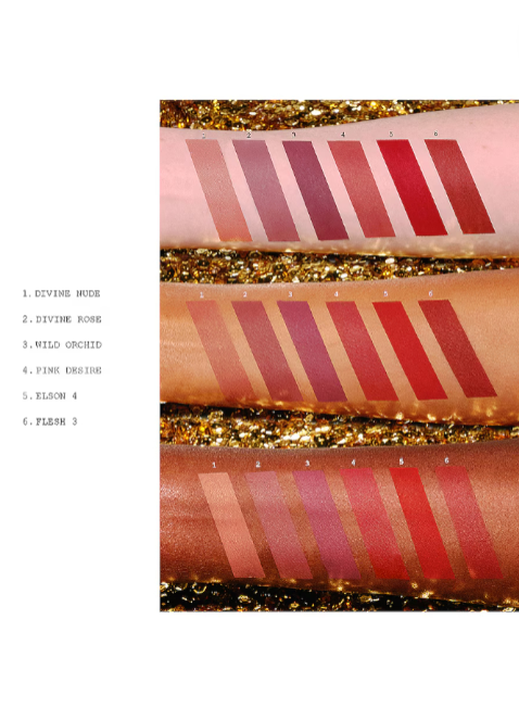 Lipstick color swatches with a gold glittery background. Pat McGrath Labs Monza Outlet