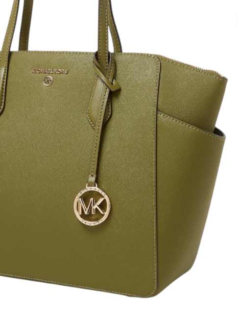 Green handbag with a gold pendant featuring the MK logo on a white background monza outlet, Shein outlet, monza fashion