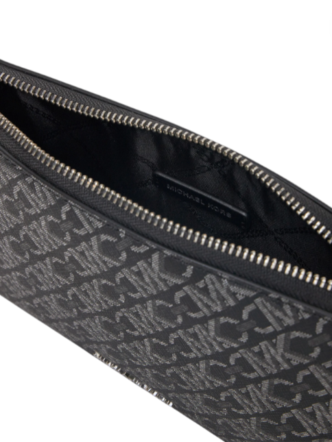 Close-up of a black pouch with a patterned design on a white background Michael Kors Monza Outlet