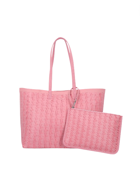 Pink textured tote bag with matching pouch on a white background Lacoste Monza Outlet, Monza Fashion, Shein Outlet