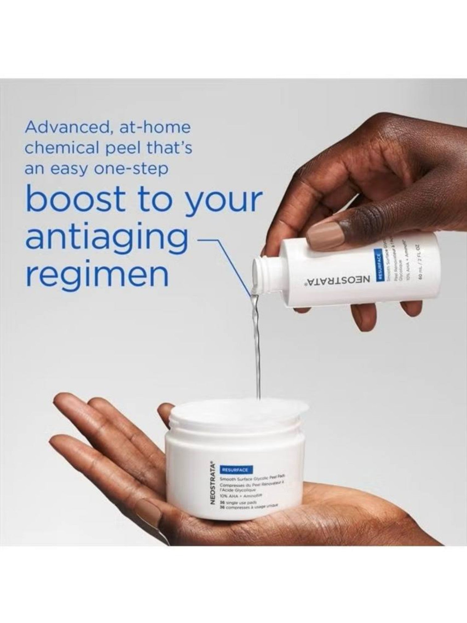 Hand holding a skincare product with text about an anti-aging regimen. Neostrata, Monza Outlet, Monza Fashion, Shein Outlet