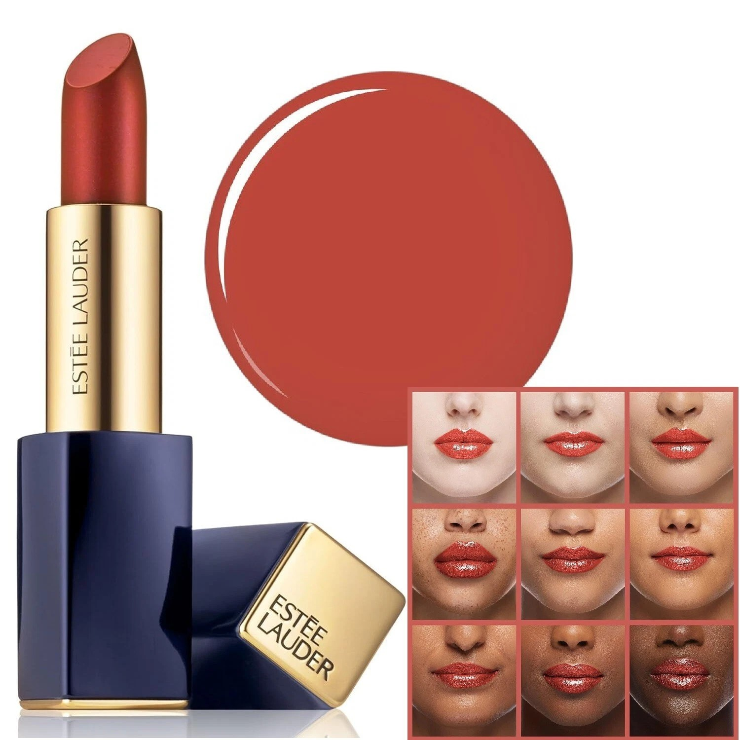 Estée Lauder lipstick with color swatch and application examples on a white background Monza Outlet