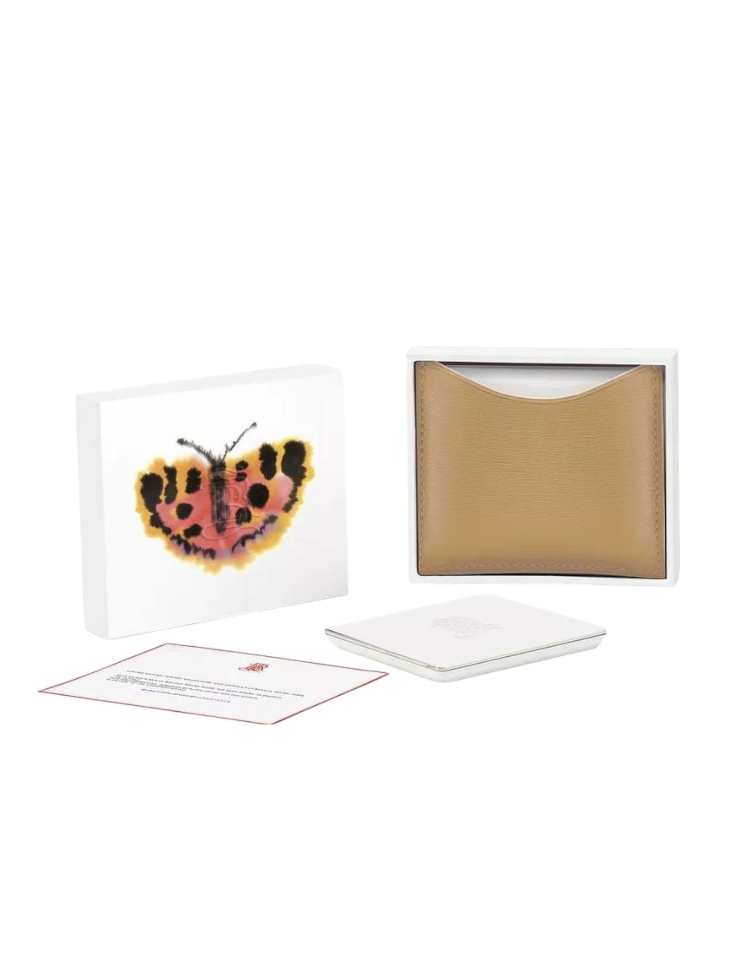 Greeting card with butterfly design, envelope, and insert on a white background