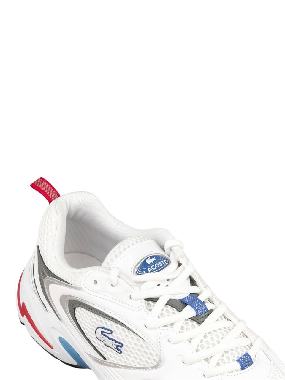 White sneaker with red and blue accents on a white background Lacoste Monza Outlet