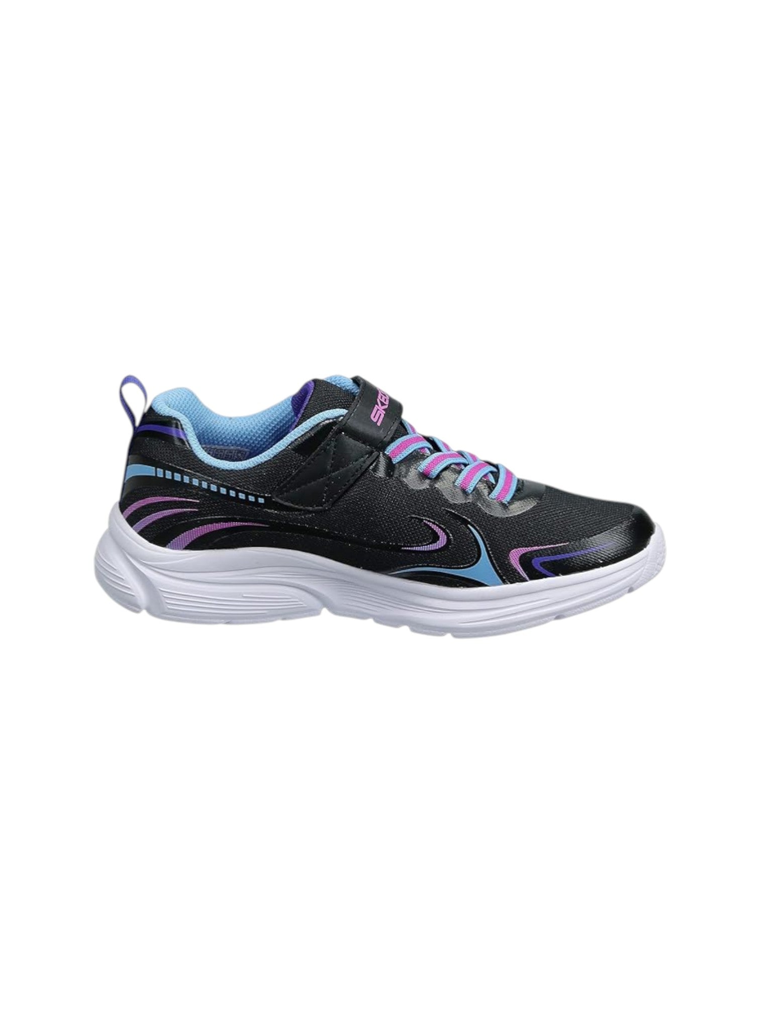 Black athletic shoe with colorful accents on a white background. Skechers, Monza Outlet, Monza Fashion, Shein Outlet