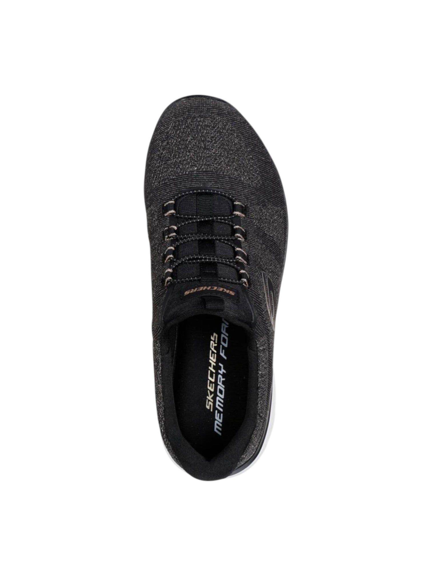 Black sneaker with Skechers branding on a white background. Skechers, Monza Outlet, Monza Fashion, Shein Outlet