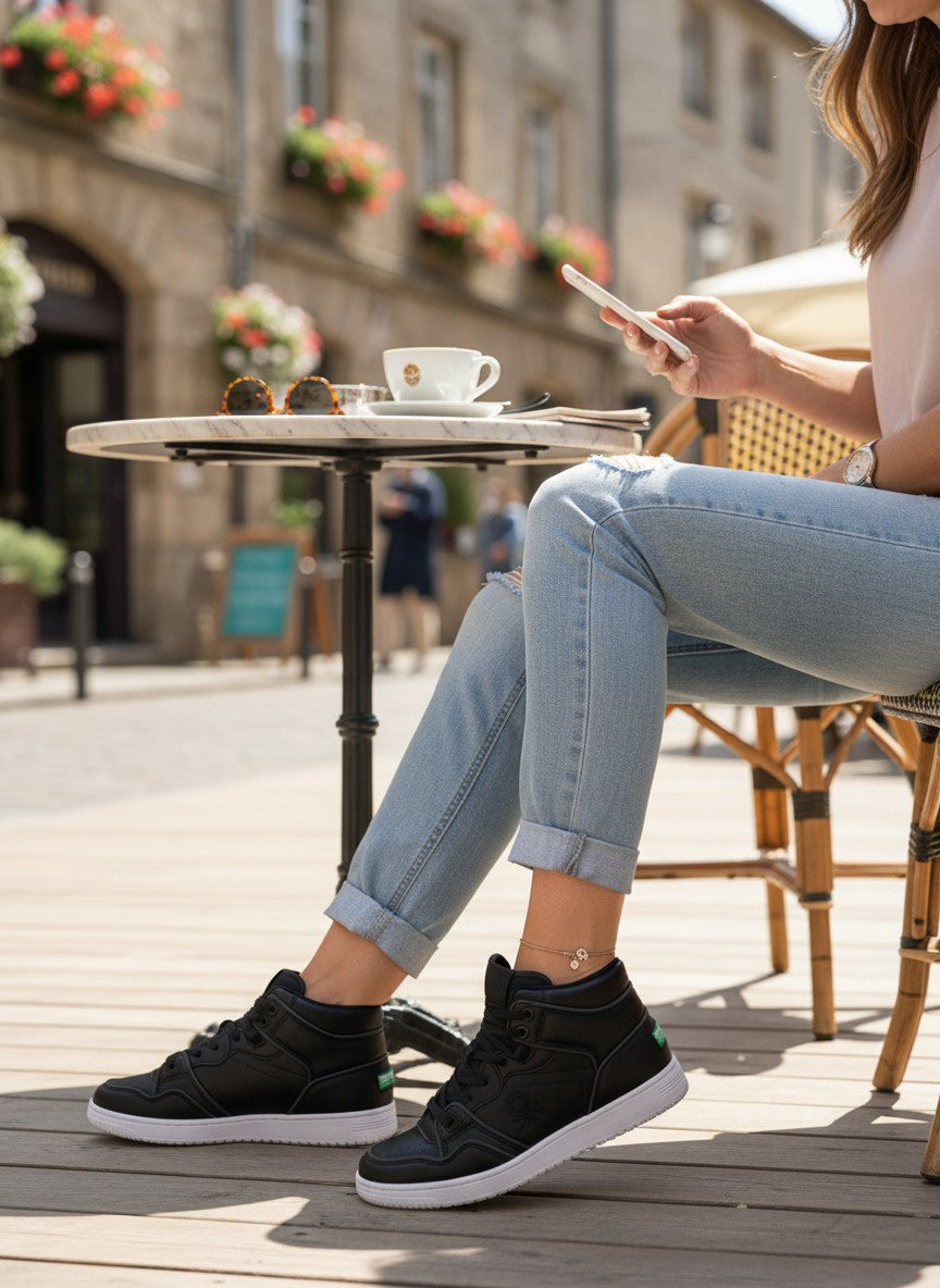 Person sitting at an outdoor cafe table using a phone, wearing black sneakers. United Colors of Benetton, Monza Outlet, Monza Fashion, Shein Outlet