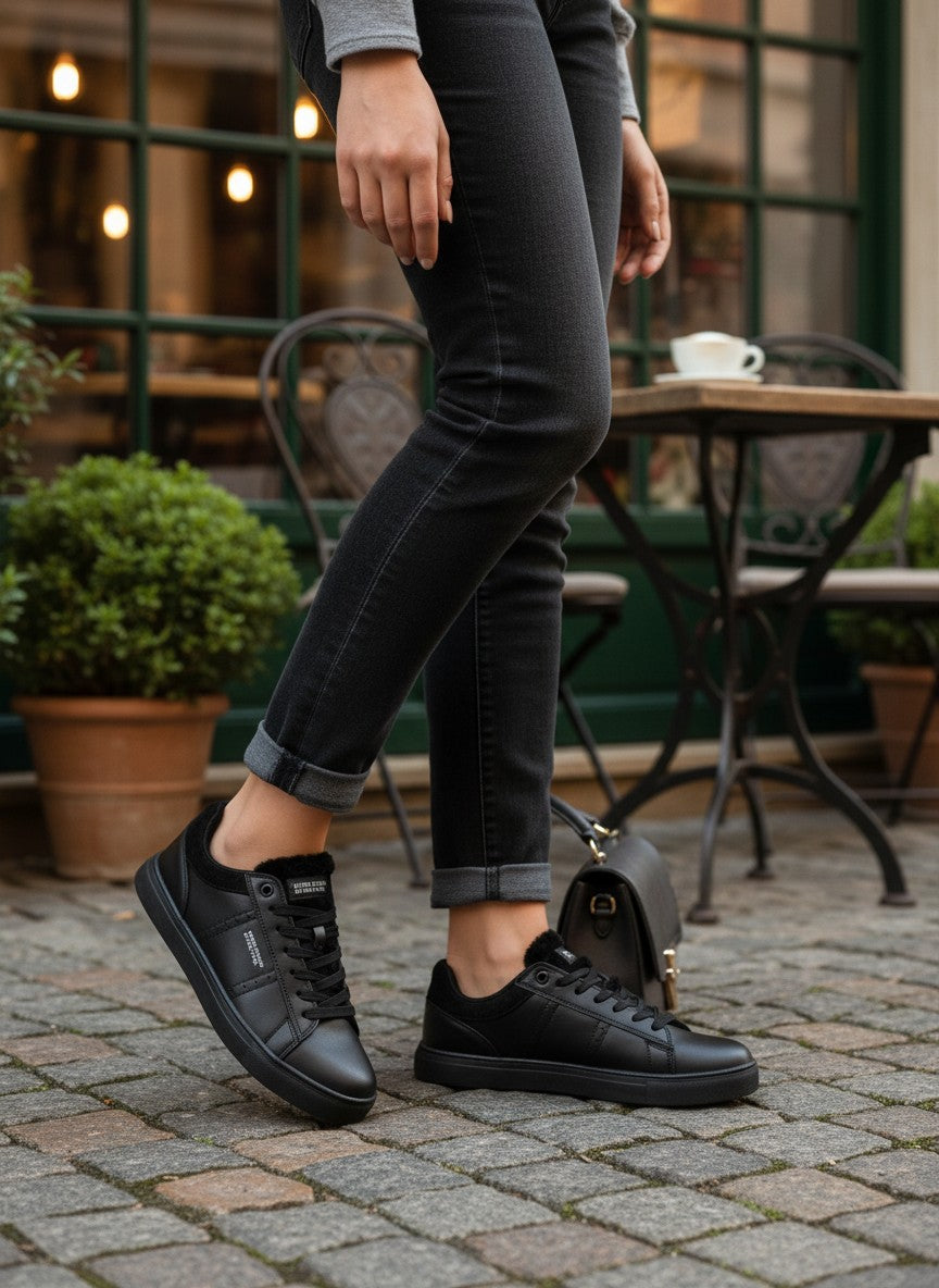 Person wearing black sneakers and black pants standing on a paved outdoor area with a blurred background. United Colors of Benetton, Monza Outlet, Monza Fashion, Shein Outlet