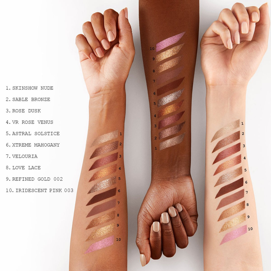Swatches of eyeshadows on arms and a leg. Monza Outlet