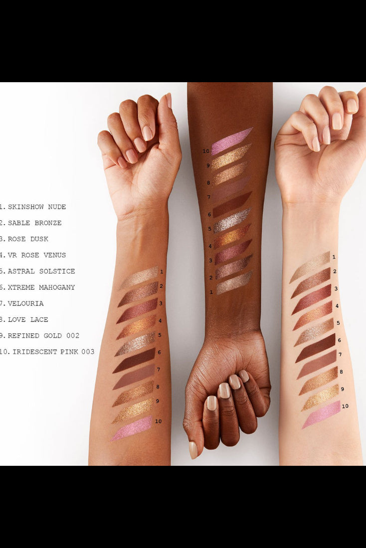 Swatches of eyeshadows on arms and a leg. Monza Outlet