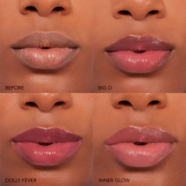 Lip color comparison chart with four different lip shades on a person's lips. Monza fashion outlet, monza outlet, shein outlet, shien outlet cosmetics, makeup, perfume