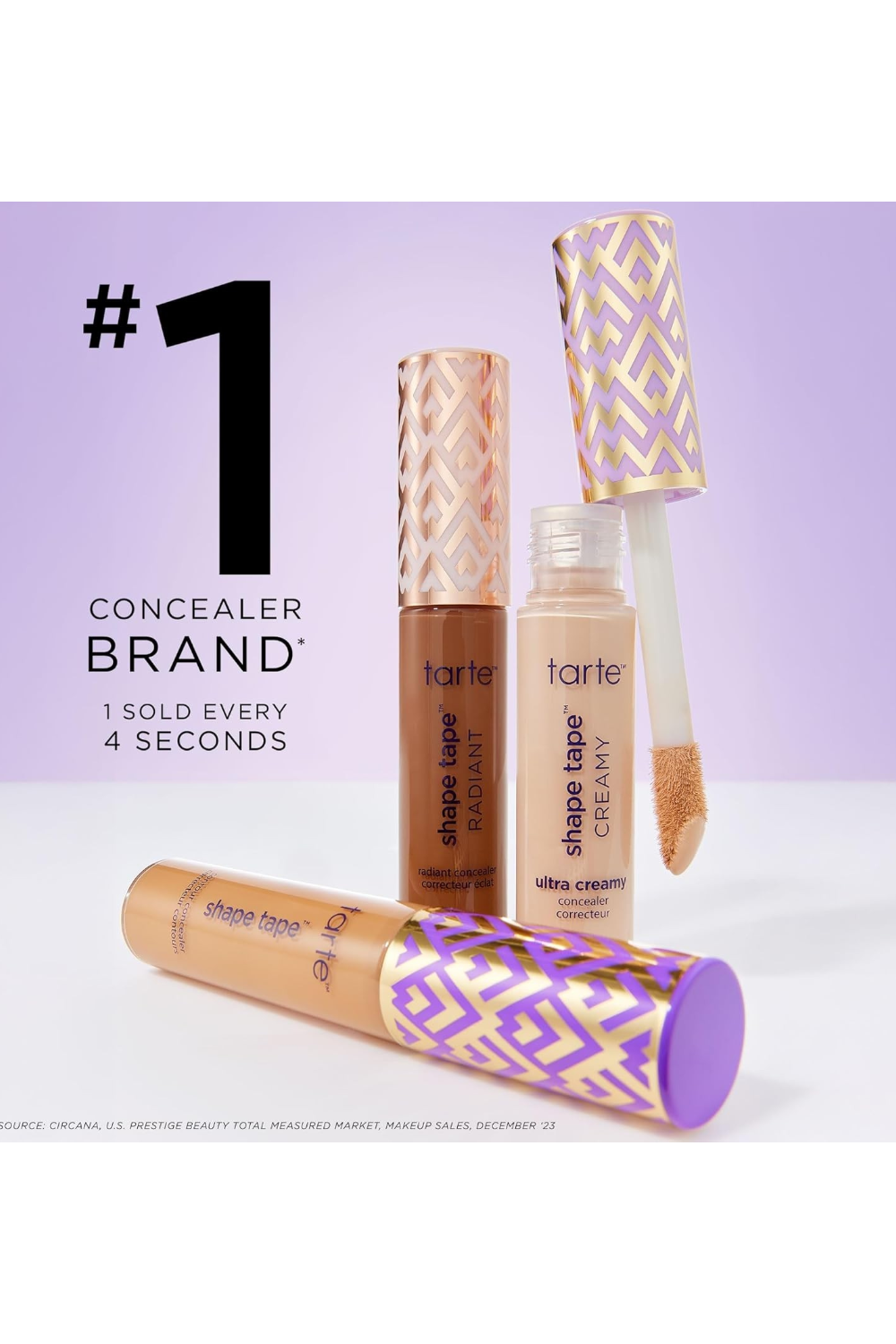 Tarte Shape Tape concealers with a purple background and text about sales rate. Monza Outlet