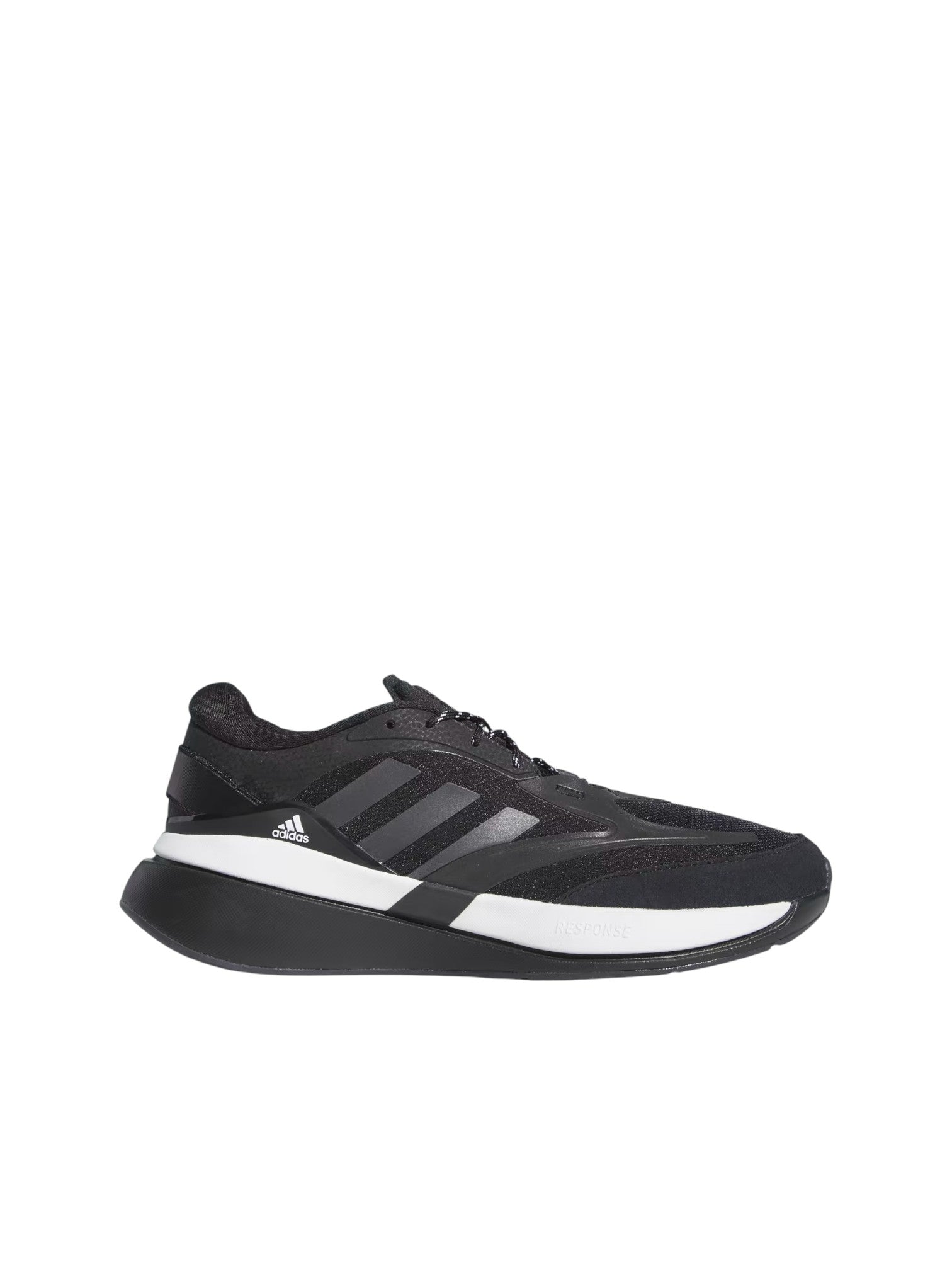 Black Adidas sneaker with white stripes on a white background. Adidas, Monza Outlet, Monza Fashion, Shein Outlet