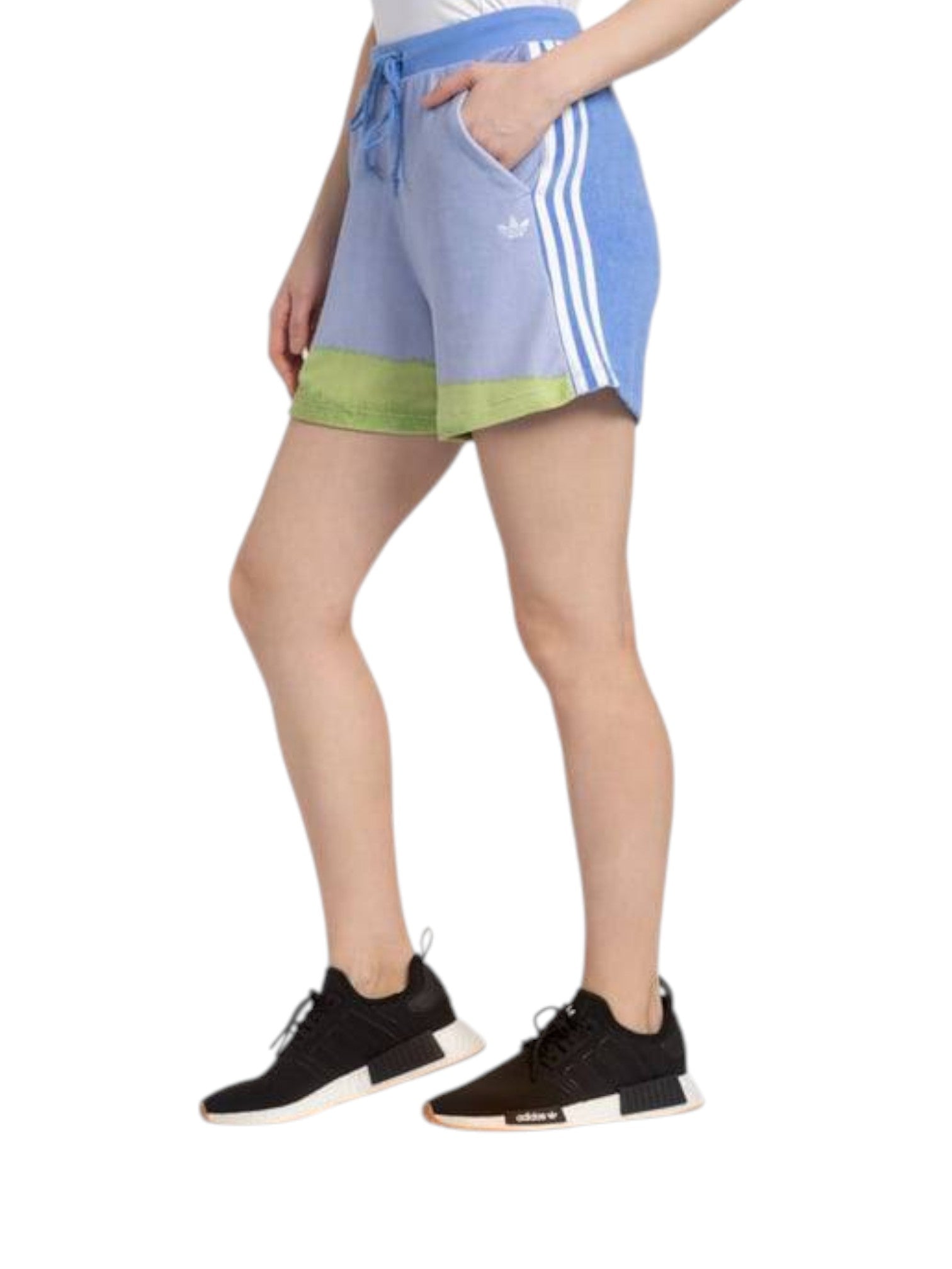 Person wearing blue and green shorts with a white background. Adidas, Monza Outlet, Monza Fashion, Shein Outlet