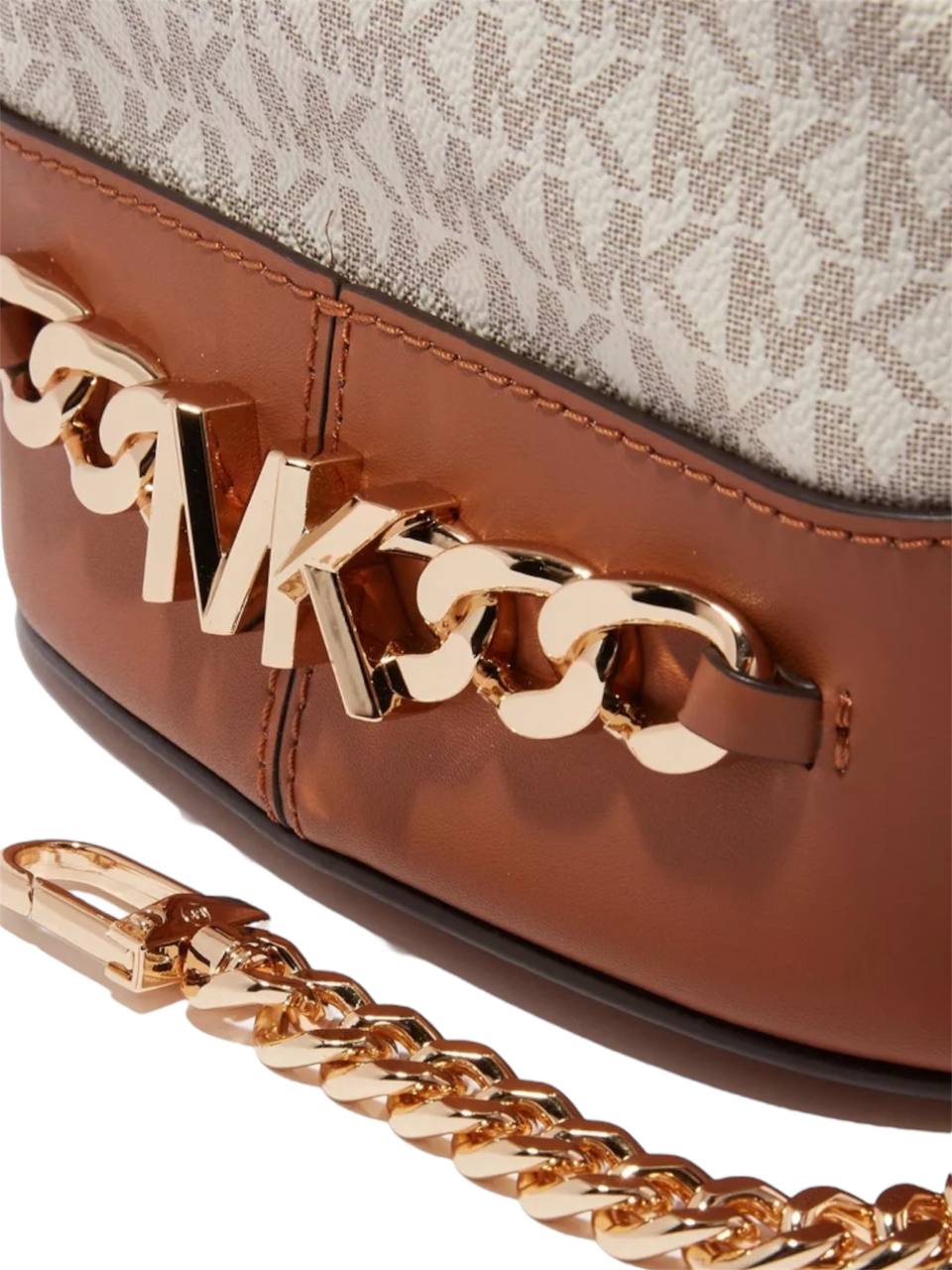 Brown handbag with gold chain detail featuring a logo on a white background, Michael Kors, Monza Outlet, Monza Fashion, Shein Outlet