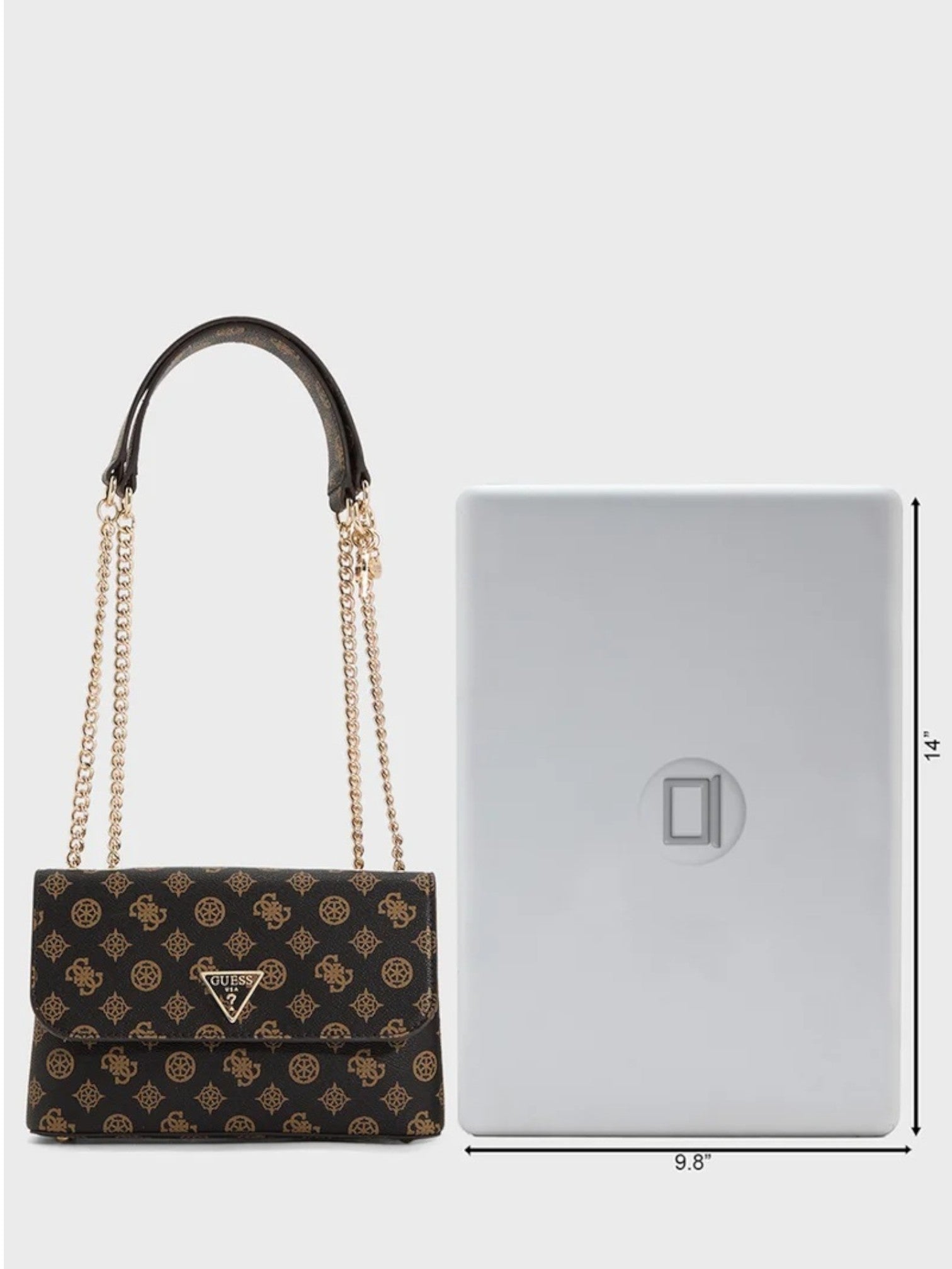 Black handbag with gold chain and logo next to a silver box on a white background. Guess, Monza Outlet, Monza Fashion, Shein Outlet