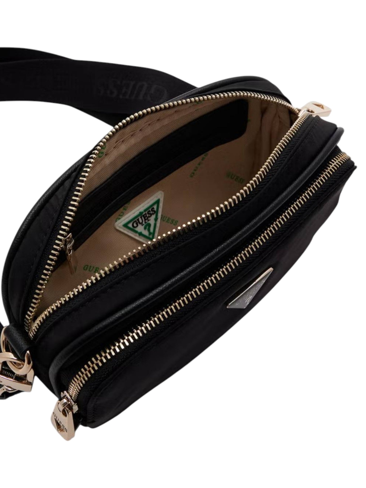 Black handbag with gold zippers on a white background. Guess, Monza Outlet, Monza Fashion, Shein Outlet