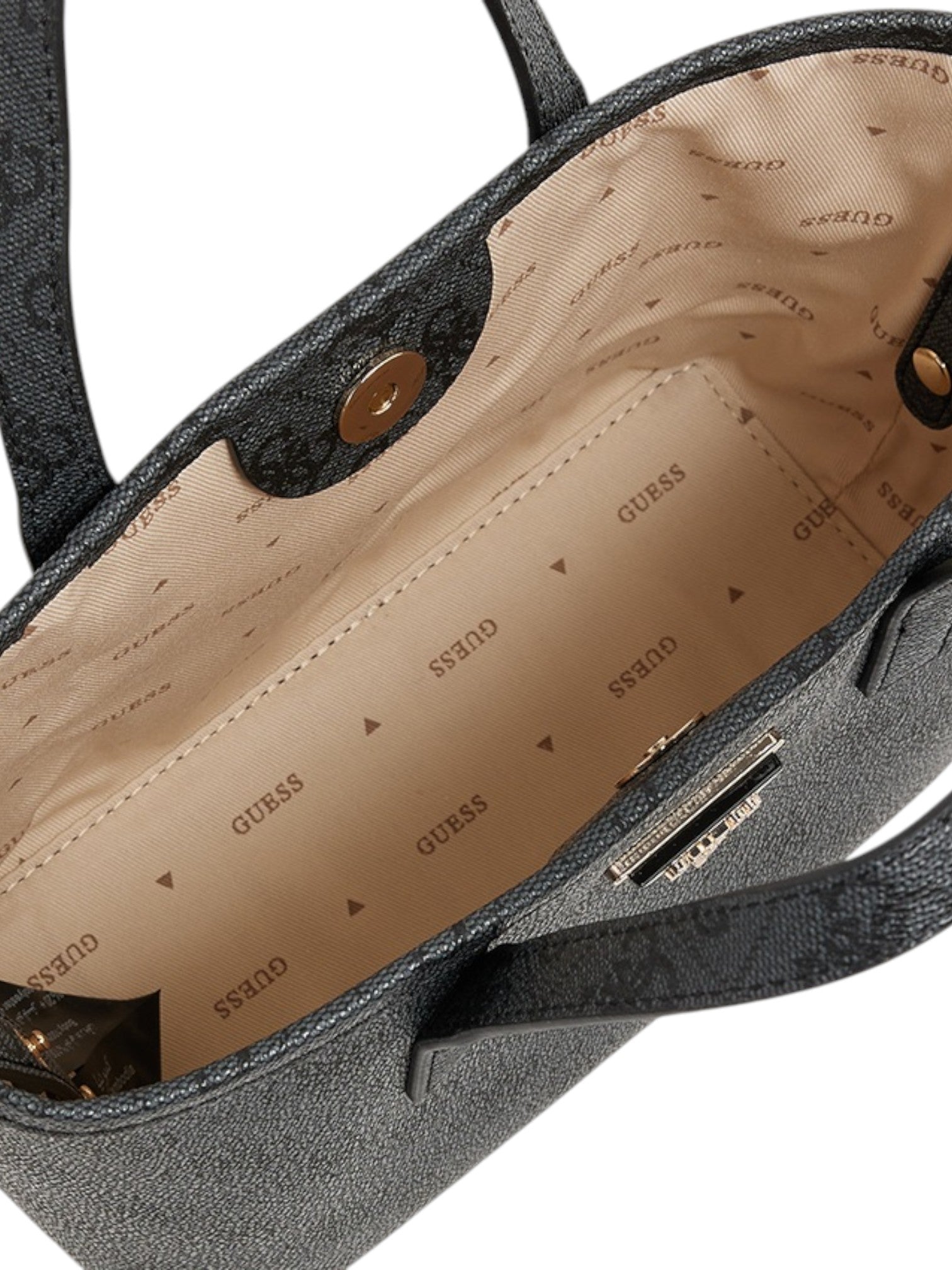 Gray handbag with beige interior and Guess branding on a white background. Guess, Monza Outlet, Monza Fashion, Shein Outlet