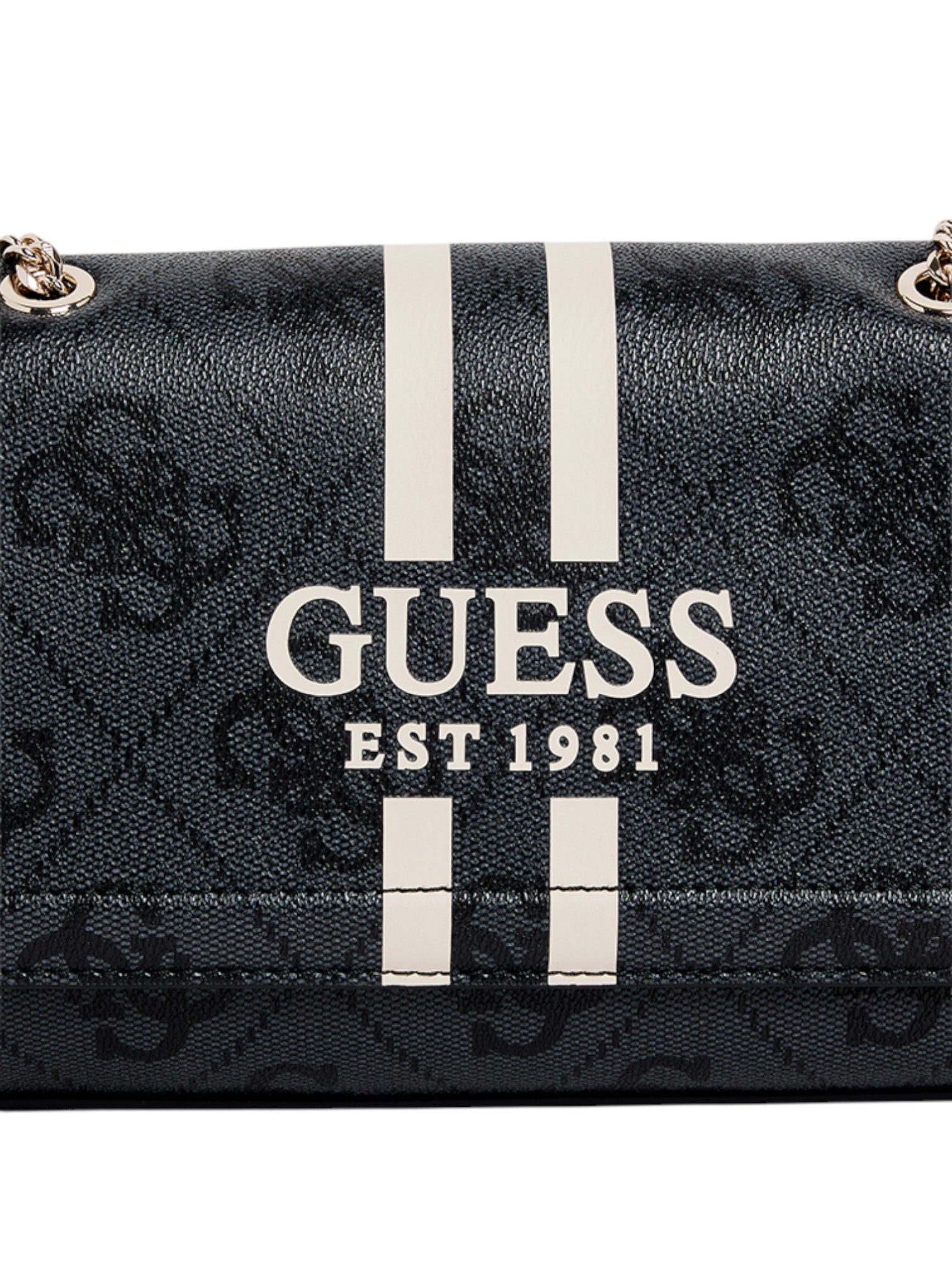 Black handbag with Guess logo and 'Est. 1981' text on a white background. Guess, Monza Outlet, Monza Fashion, Shein Outlet