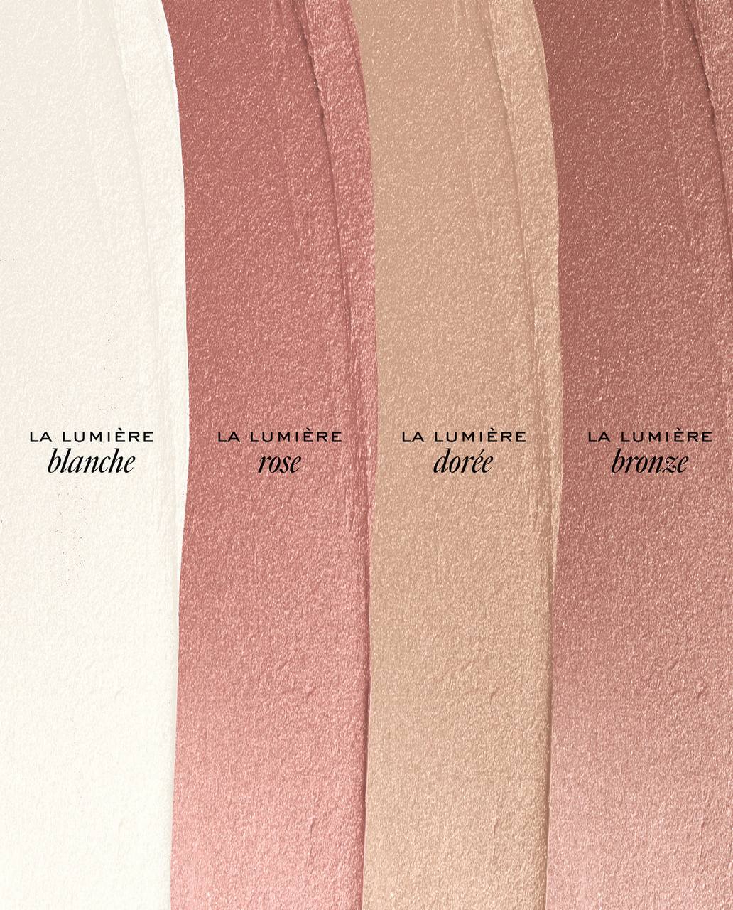 Color swatches labeled 'La Lumérie blanche', 'La Lumérie rose', 'La Lumérie doré', and 'La Lumérie bronze' on a textured background. Monza outlet, monza fashion, shein outlet, shien outlet