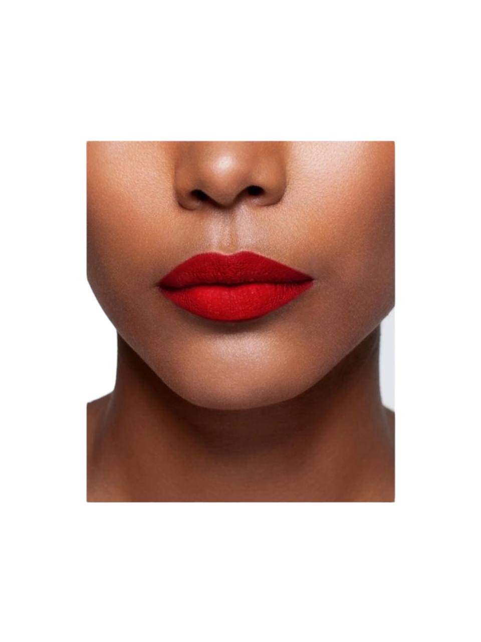 Close-up of a person wearing bright red lipstick on a white background