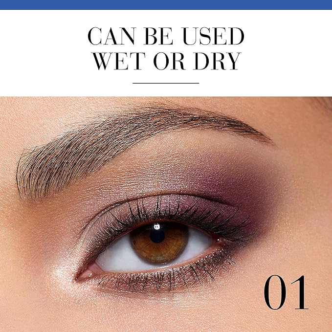 Close-up of an eye with makeup, text 'Can be used wet or dry', and number '01'.