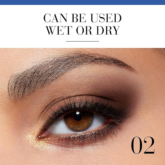 Close-up of an eye with makeup, text 'CAN BE USED WET OR DRY', and number '02'. Monza outlet, monza fashion, shein outlet, shien outlet