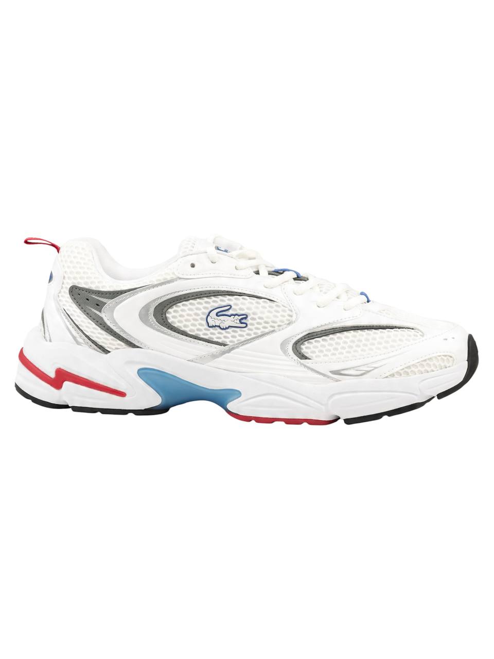White sneaker with red, blue, and black accents on a white background Lacoste Monza Outlet