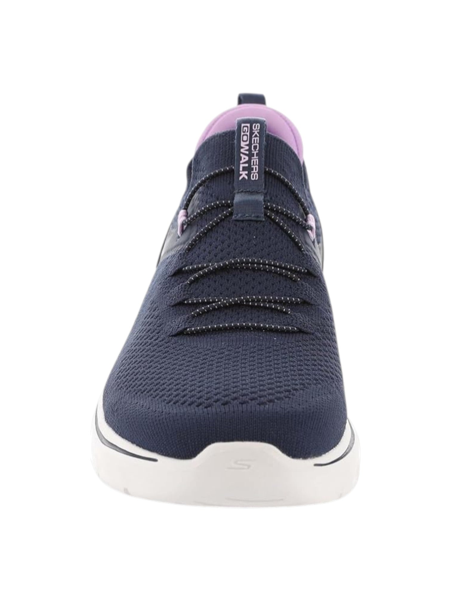 Navy slip-on shoe with white sole on a white background. Skechers, Monza Outlet, Monza Fashion, Shein Outlet