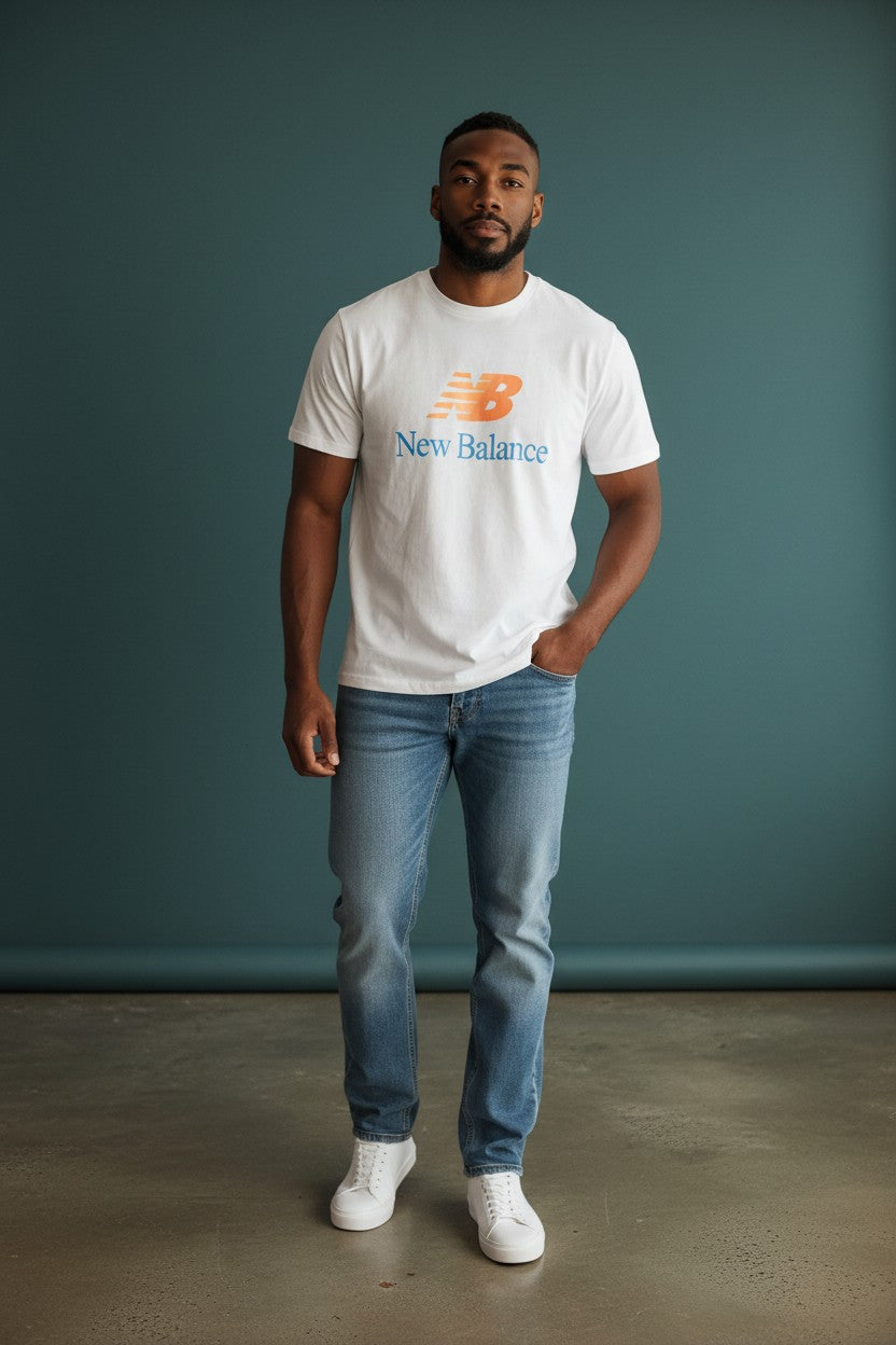 Man wearing a New Balance t-shirt and jeans against a teal wall. New Balance, Monza Outlet, Monza Fashion, Shein Outlet