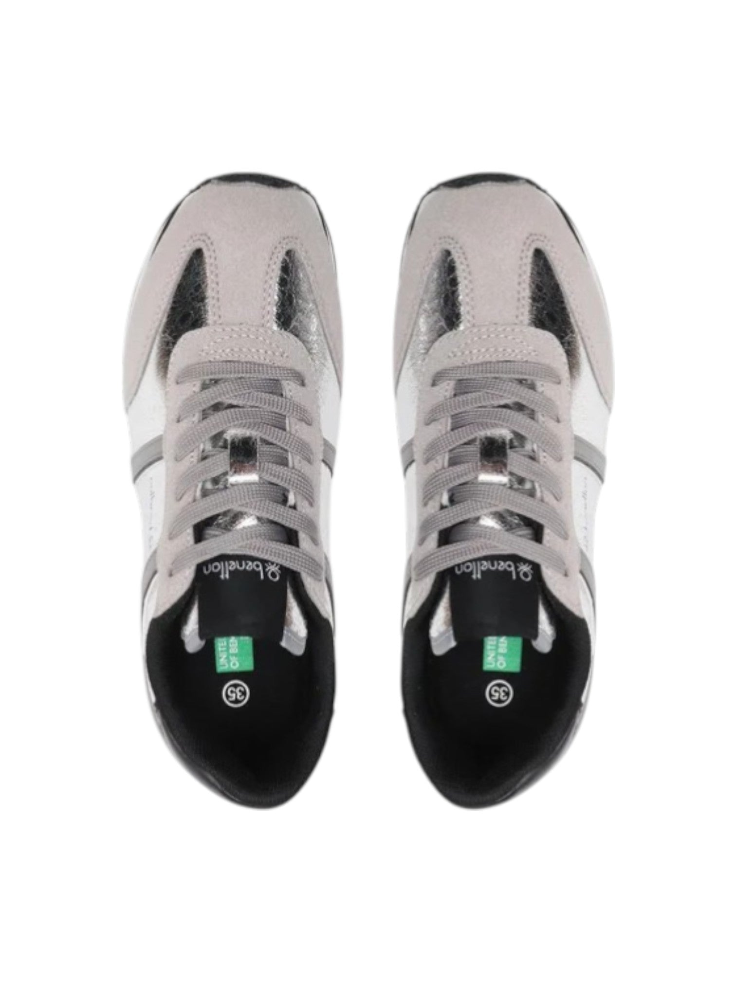 Pair of gray and black sneakers with visible brand logo on a white background. United Colors of Benetton, Monza Outlet, Monza Fashion, Shein Outlet
