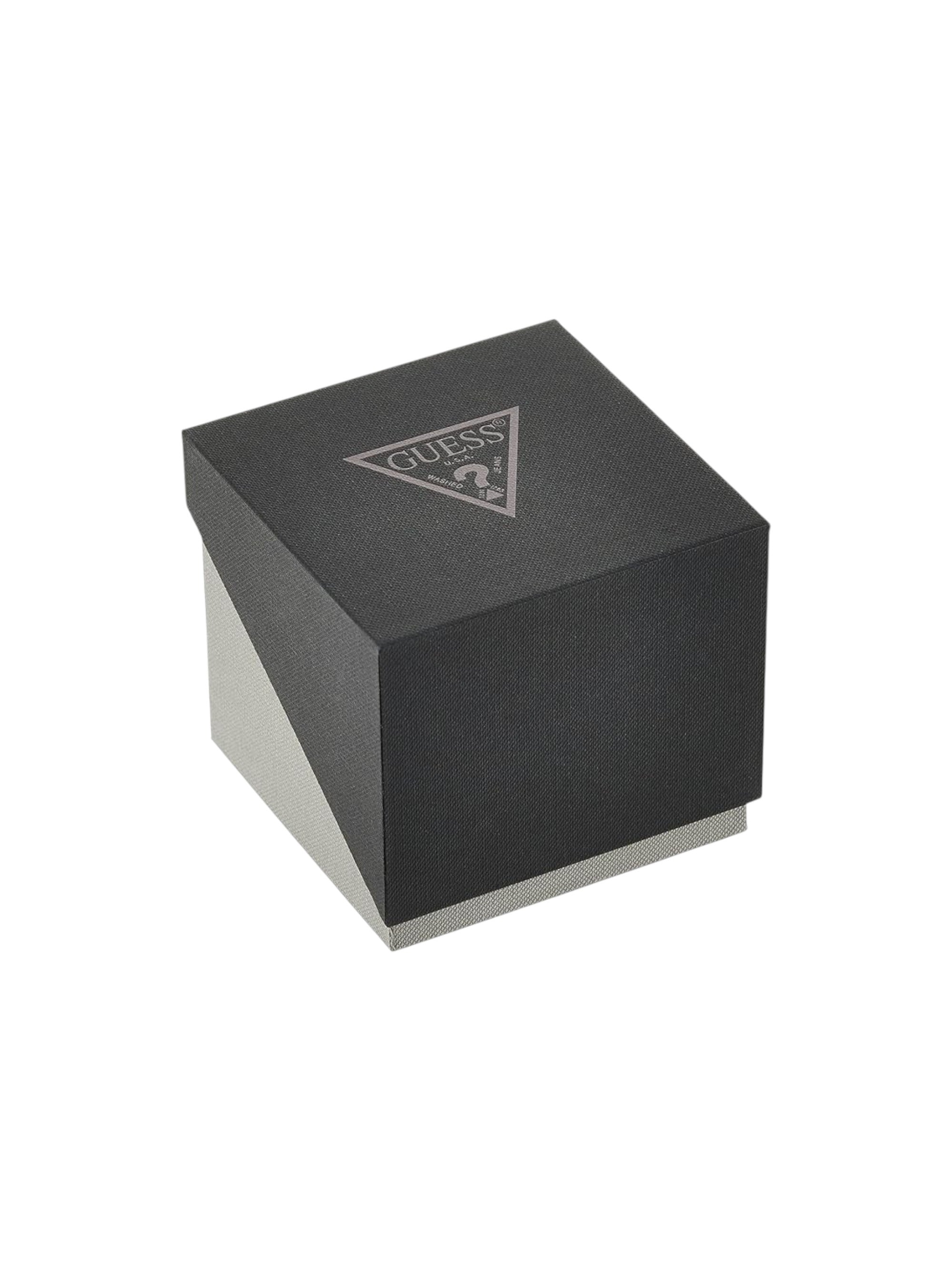 Black square box with Guess logo on a white background Guess Monza Outlet