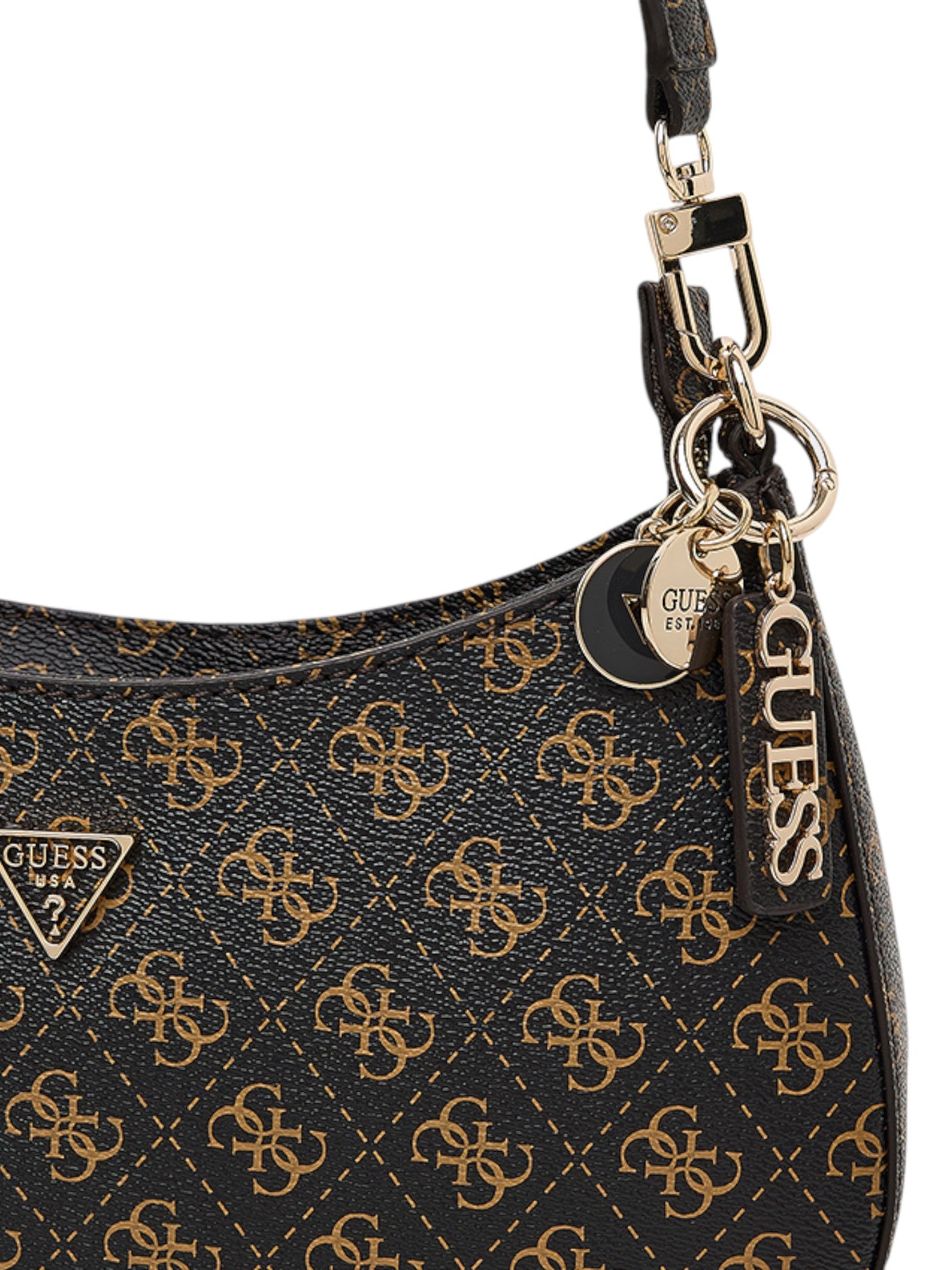 Close-up of a Guess handbag with logo pattern and keychain on a white background. Guess, Monza Outlet, Monza Fashion, Shein Outlet