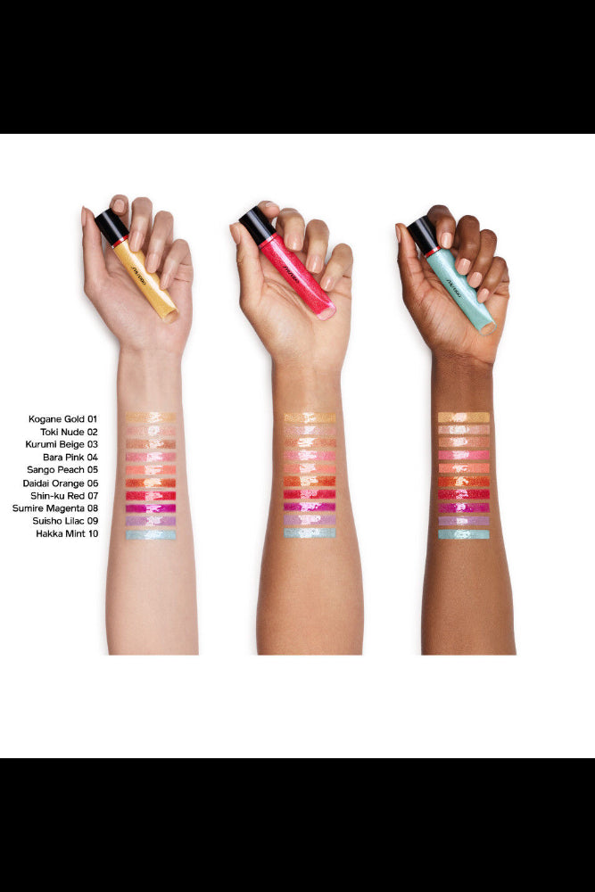 Three hands holding lip glosses with color swatches on arms against a white background Monza fashion outlet, monza outlet, shein outlet, shien outlet cosmetics, makeup, perfume