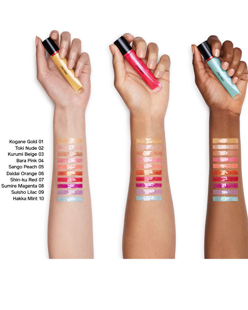 Three hands holding lip glosses with color swatches on arms against a white background Monza fashion outlet, monza outlet, shein outlet, shien outlet cosmetics, makeup, perfume