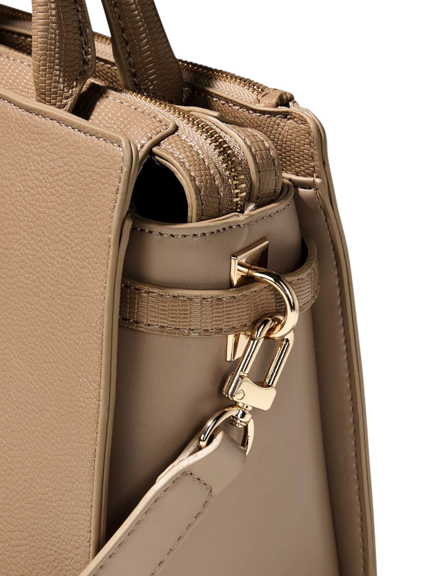 Close up of a structured handbag in taupe leather with gold-tone hardware, showing the zipper, strap attachment, and lock detail against a white background. 19V69 Italia, Monza Outlet, Monza Fashion, Shein Outlet