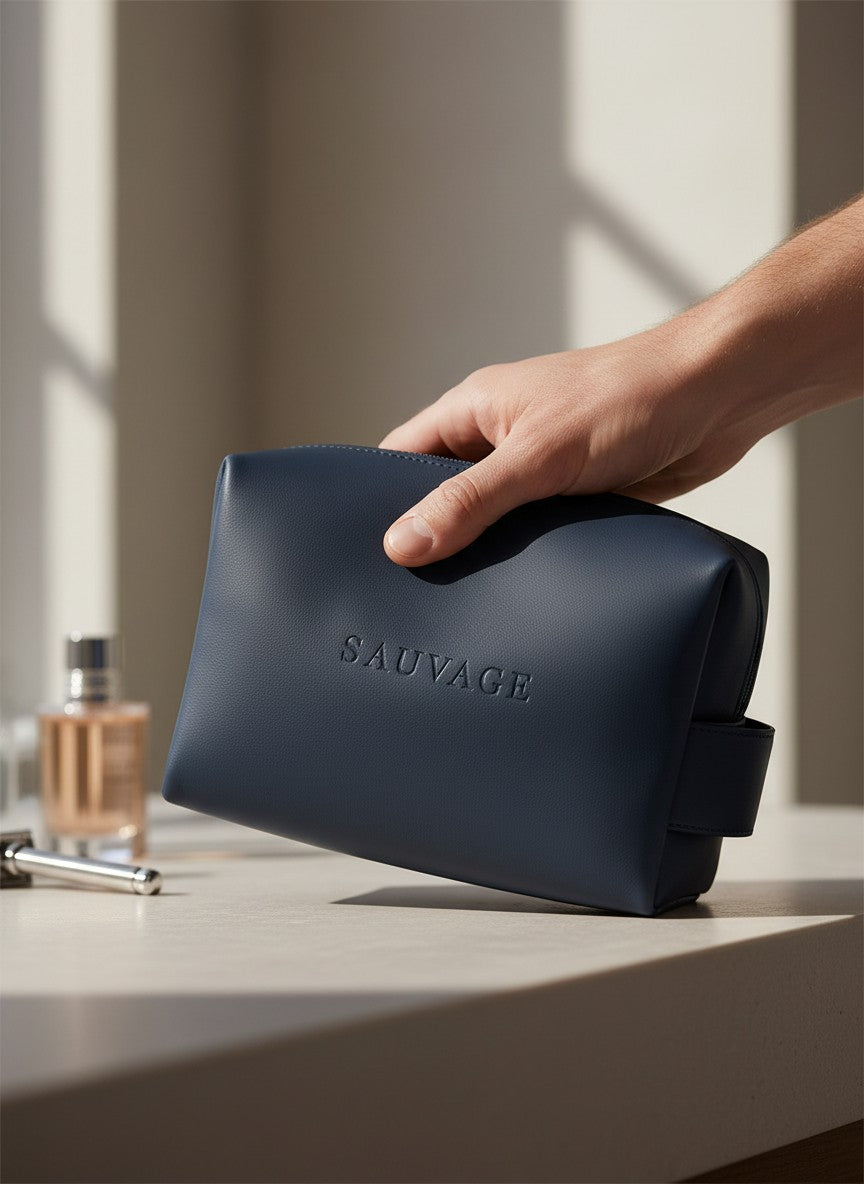 Hand holding a navy blue toiletry bag with 'SAUVAGE' branding on a light surface. Dior, Monza Outlet, Monza Fashion, Shein Outlet