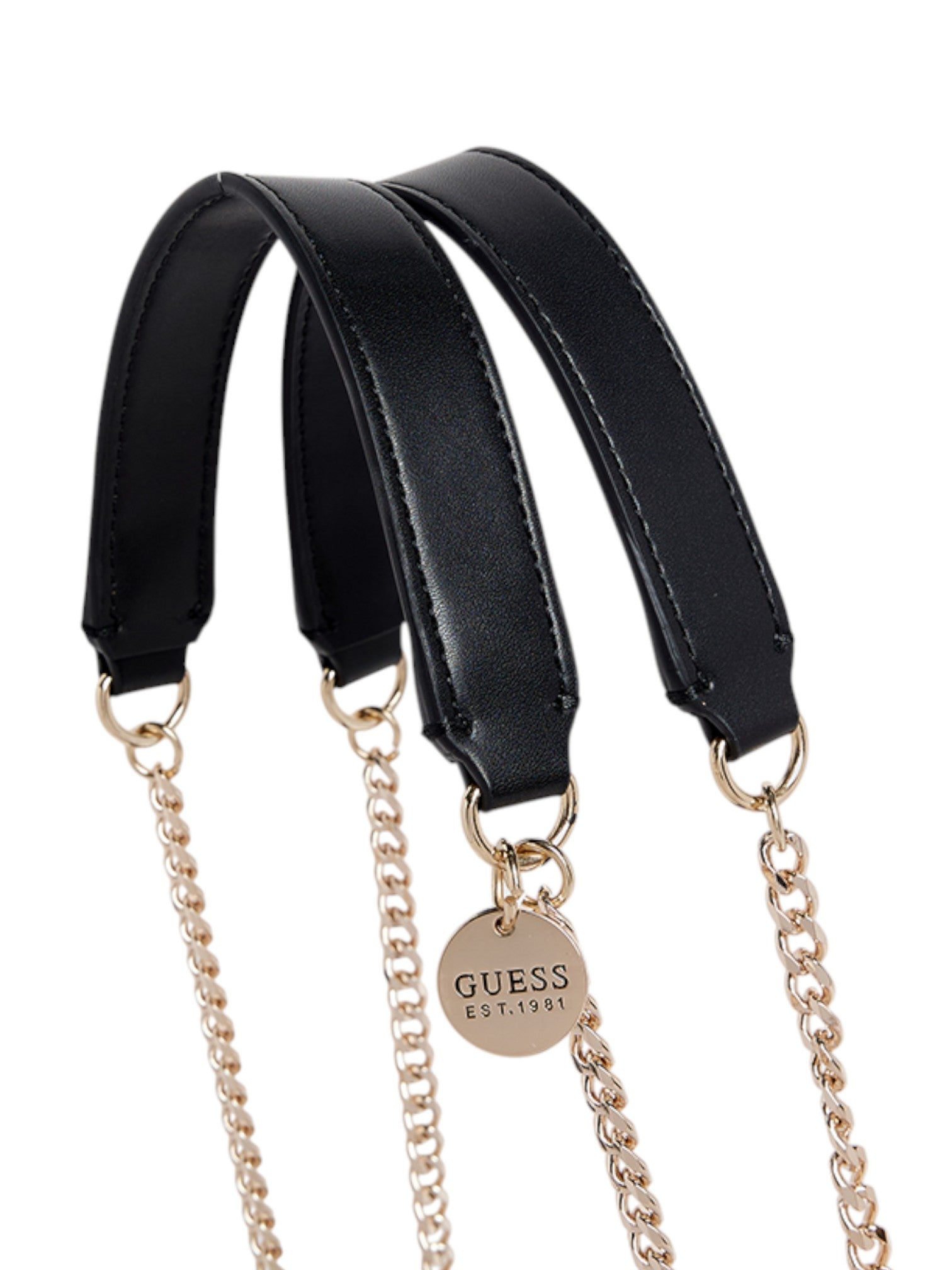 Black leather belt with gold chains and Guess logo on a white background. Guess, Monza Outlet, Monza Fashion, Shein Outlet