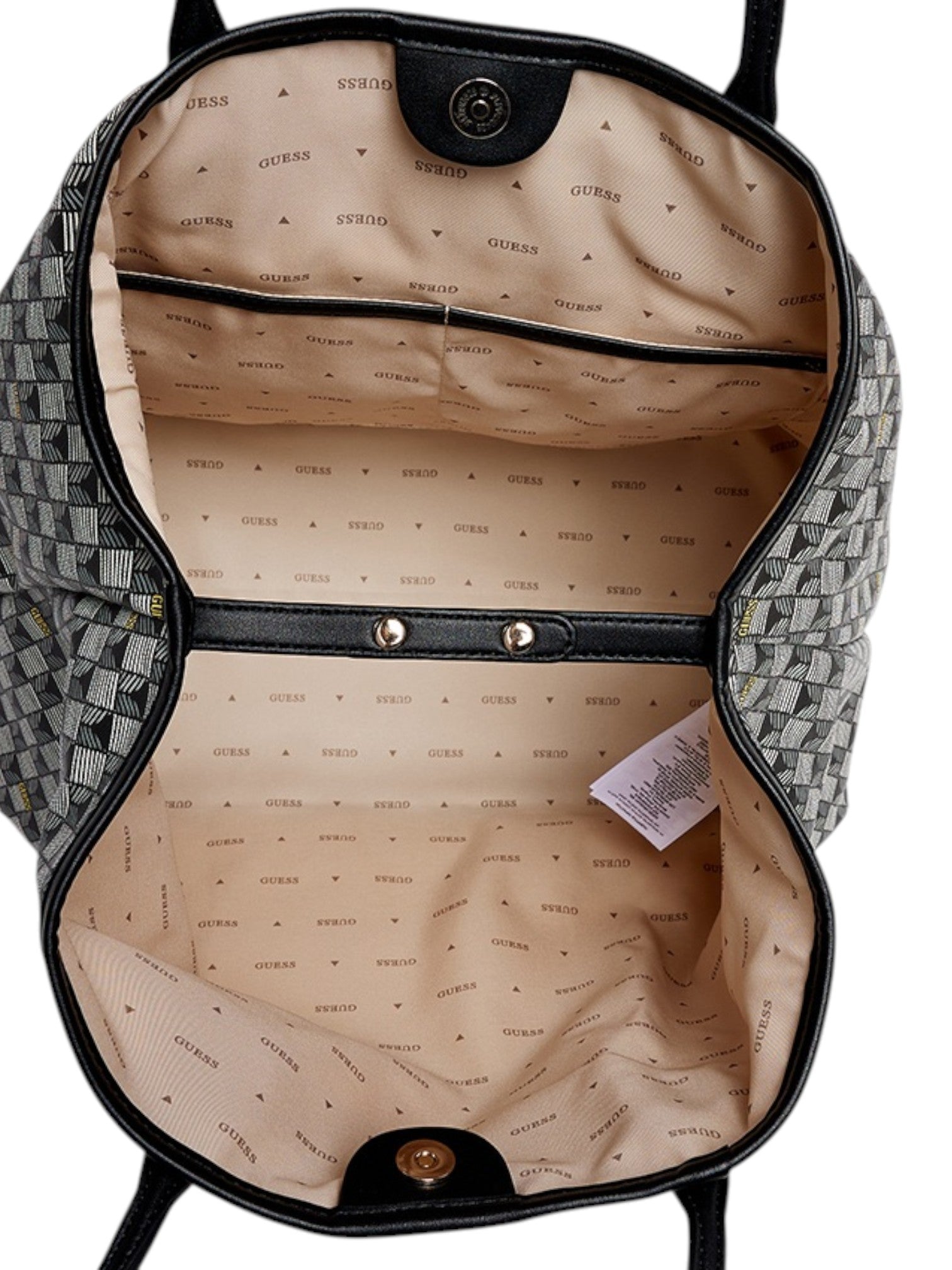 Open black and gray patterned backpack with beige interior lining on a white background. Guess, Monza Outlet, Monza Fashion, Shein Outlet