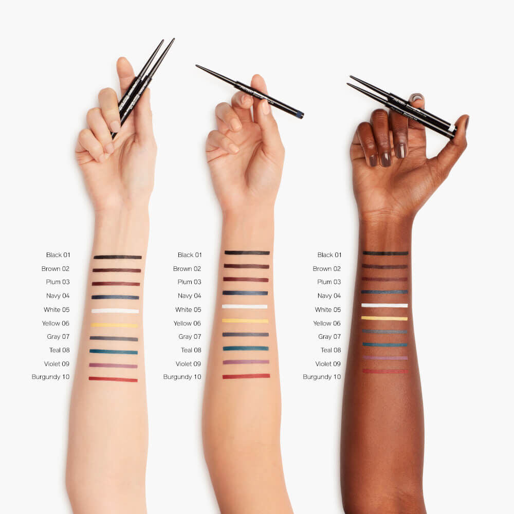 Three hands with color swatches on skin, displaying a range of makeup pencil colors. Monza fashion outlet, monza outlet, shein outlet, shien outlet cosmetics, makeup, perfume