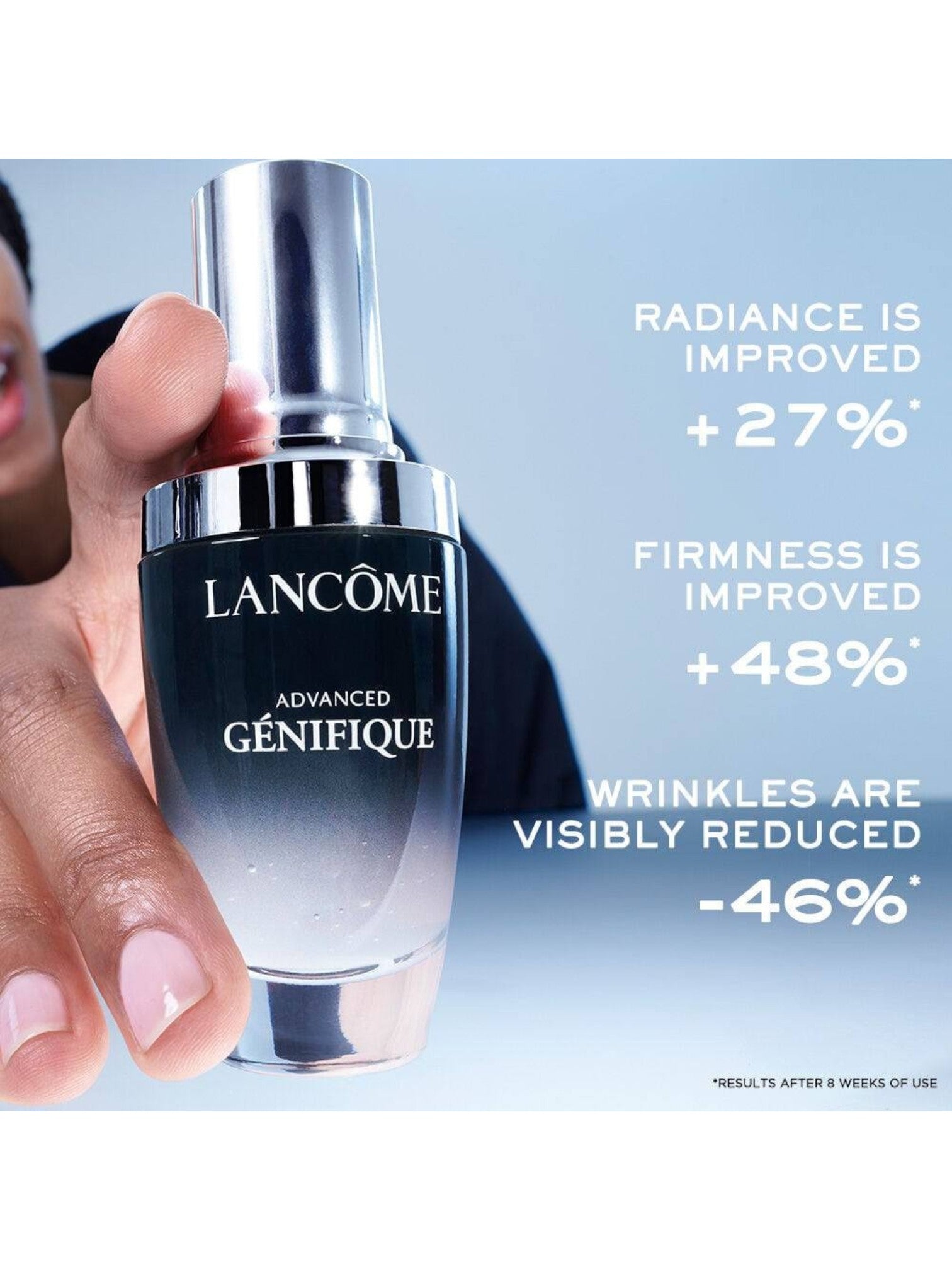 Lancème Advanced Génifique skincare serum held by a hand with promotional text on a blue background. Lancome, Monza Outlet, Monza Fashion, Shein Outlet